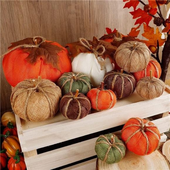 Set of 12 Thanksgiving Decor Artificial Pumpkins, Burlap Pumpkin with Leaves - Picture 1 of 6